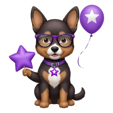 dog holding purple star balloon in hand with black glasses sticker