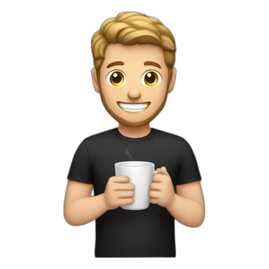 white guy holding glass coffee mug smiling black shirt sticker