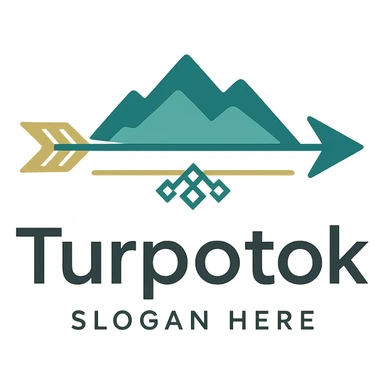 Modern minimalist logo for Turpotok with a stylized Kurai arrow, Ural Mountains silhouette, and subtle Bashkir ornamentation. Text 'Turpotok' in a modern sans-serif font with optional slogan. Color palette reflecting Bashkir culture and natural beauty sticker