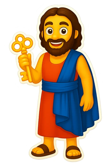 Make the colors even lighter and more saturated, matching the classic emoji yellow skin and bright robe style. Keep the sleeveless shirt and plain robes. Fullbody apostle Peter holding keys with detailed beard, standing, no background. sticker