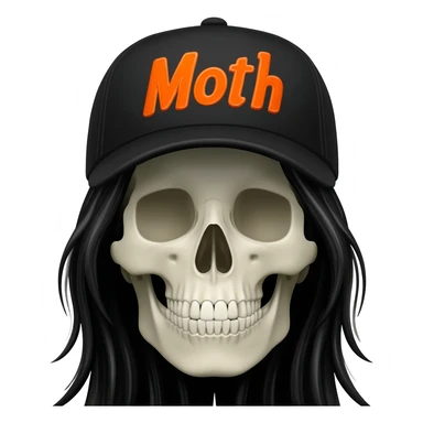 Create a skeleton head wearing a black baseball cap that says "Moth" in orange lettering, with long black hair sticker