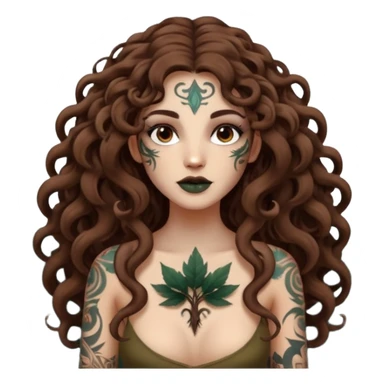 woman with long curly brown hair, brown eyes, white skin, tattoos, forest spirits shaped like smoke animals circling her sticker