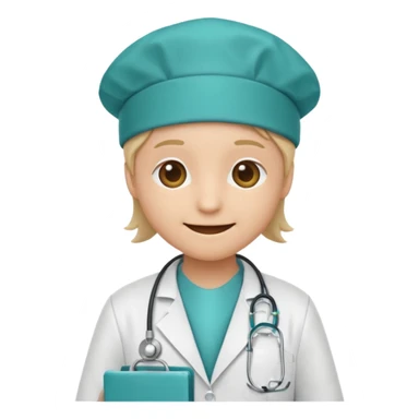 smiley face emoji dressed as a doctor with a white lab coat and teal surgical cap sticker