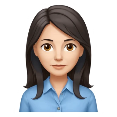 vit 50-årig kvinna med jättelångt mörkbrunt hår med grå/vita slingor bruna ögon ljusblå skjorta med översta knappen uppknäppt sticker