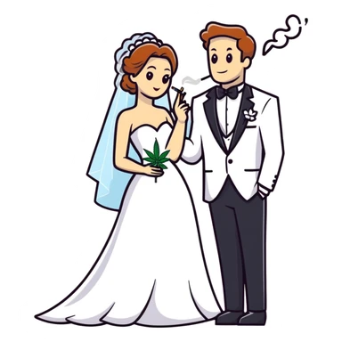 A bride in white wedding dress and groom in tuxedo, full body, smoking cannabis together, wedding couple sticker