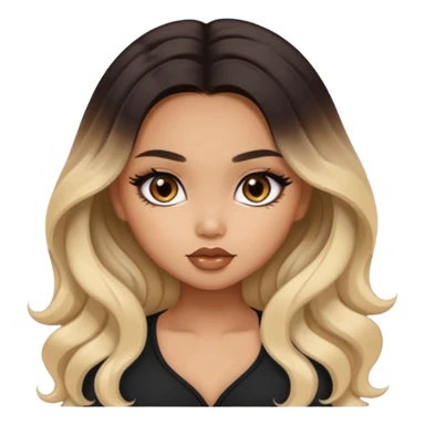 tan skin, girly bratz ASIAN vietnam baddie, beautiful dark brown eyes, pretty makeup, long black to blond ombré wavy hair sticker