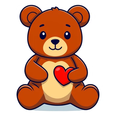 A sitting medium brown teddy bear, holding a red heart ￼ sticker