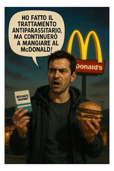 A realistic, cinematic illustration of a man in his early 30s with a confused yet stubborn expression, standing outside a McDonald's at dusk, holding a small box labeled 'Antiparasitic Treatment' in one hand while holding a large McDonald's burger in the other. He is mid-sentence, saying 'Ho fatto il trattamento antiparassitario, ma continuerò a mangiare al McDonald!' in an expressive speech bubble. The man wears casual streetwear, and behind him, the McDonald's golden arches glow under a neon-lit sky. The mood is ironic and educational, highlighting the contradiction of doing parasite cleanses while continuing unhealthy fast-food habits. The style is realistic with slight illustrative clarity, emphasizing the message humorously while maintaining a serious undertone about lifestyle choices and health in italiano sticker