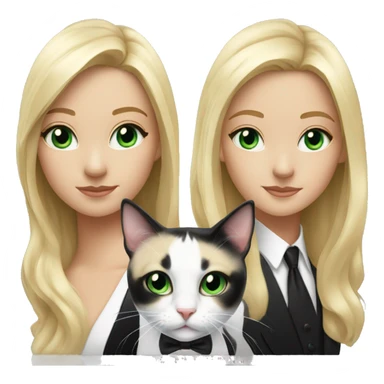Blonde girl with black and white tuxedo cat both have green eyes sticker