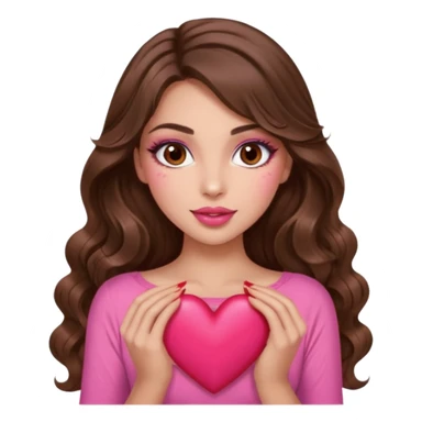 girl with long wavy brown hair, brown eyes, long lashes makeup, sexy pink lips, light to medium complexion, wearing a pink sexy top, many  hearts in hand sticker