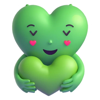 green face emoticon with closed eyes hugging a green heart, expressing care and support sticker
