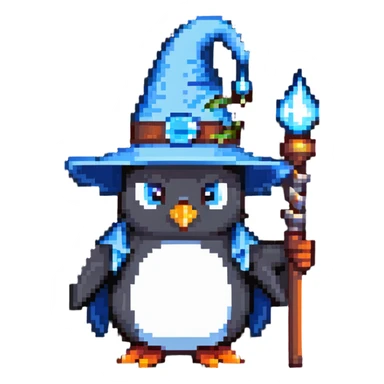 penguin wizard with a pointy hat and magic staff sticker