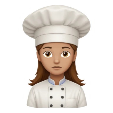 Long brown hair, serious, wearing chef uniform and chef hat sticker