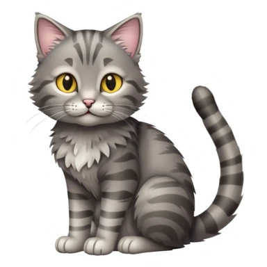 cinematic-[grey tabby cat]-realistic-full-body-sitting-emoji,-tail-curled-playfully-around-its-paws,-head-tilted-dramatically,-scruffy-[grey]-fur,-simplified-yet-realistic-focused-features,-highly-detailed,-glowing-with-an-almost-sarcastic-glow sticker