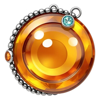 extreme close up of a round cut holographic amber charm with silver metal accent and crystal beaded chain sticker