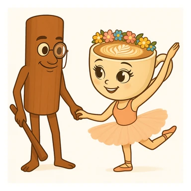 Add a flower crown to the coffee cup character and a monocle to the cinnamon stick character in the same quality and style as the original image. sticker