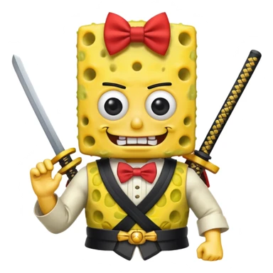 SpongeBob, wearing japan samurai custome, red bow tie sticker