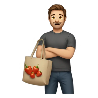 Man with brown hair holding up a bag of paprikas with one hand sticker