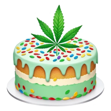 Colorful confetti cake with mint leaves and a cannabis leaf decoration on top sticker