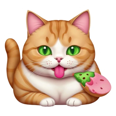 Fat tabby cat with green eyes eating  sticker