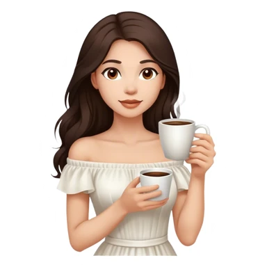 Beautiful woman in 1950’s woman fashion look, off-shoulder white dress, long dark brown hair, coffee sticker