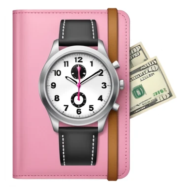 Libreta rosa, reloj blanco y un dolar sticker