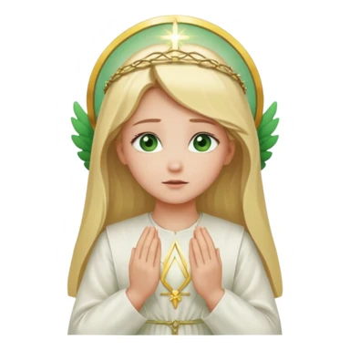 Blonde girl in white closed dress with green eyes praying. The holy halo is behind her sticker