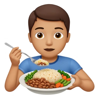 Create a person having lunch. Not a sandwich. Rice, beans, vegetables and chicken. sticker