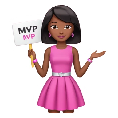 Black barbie, short  black bob  hair, pink dress with a sign that says mvp sticker
