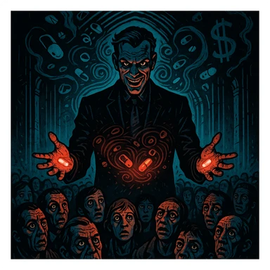 Charismatic sinister man in a suit, glowing pills in hands, hypnotizing crowd, swirling pharmaceutical symbols, dollar signs in smoke, gothic neon-lit stage, cinematic lighting, hyper-detailed, Mike Mignola meets cyber-noir. Variant 9, more focus on crowd faces. sticker