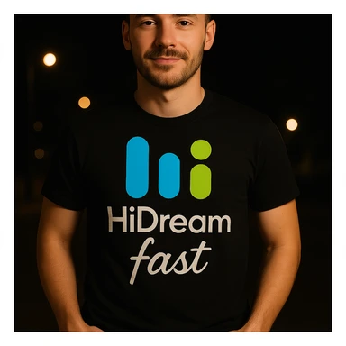 man wearing tshirt with this logo, dark night background with dim , add fast below logo sticker