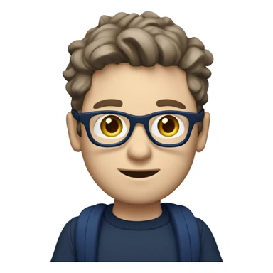 caucasian white boy with dark wavy  hair, blue glasses, and carrying design paper plan because he is an architect carrying a pencil and a set model maquette. wearing a navy blue long sleeve sweater shirt. smart.  sticker