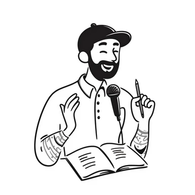 bearded songwriter in his 30s with backwards cap, enthusiastic smile, gripping microphone with one hand and pencil with other sticker