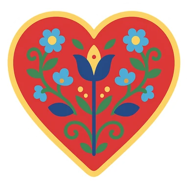Red heart with Scandinavian folk art nature motif, featuring bright folk colors and simple, bold floral and leaf patterns. The design is easily recognizable when downsized and includes a border around the heart. sticker