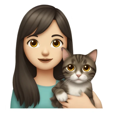 pale girl with long dark brown hair with bangs, holding a tabby cat sticker