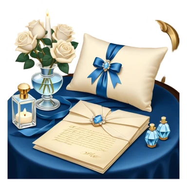 A carefully folded love letter, tied with a silky blue ribbon, sits on a velvet cushion. Beside it stands a tall crystal perfume bottle, exuding the soft scent of white roses. Pearl butterflies hover above the table, as the warm glow of candlelight reflects off the golden wax seal. sticker