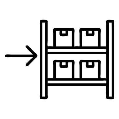 outline style of a warehouse rack with an arrow pointing toward it, clean black lines, no fill sticker