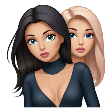 Glamours, tanned, very beautiful girl, with big pump peach-beige-rose lips, long long lashes, black straight smooth silky long hair, straight parting hair, blue-grey eyes in black long-sleeves bodysuit sticker