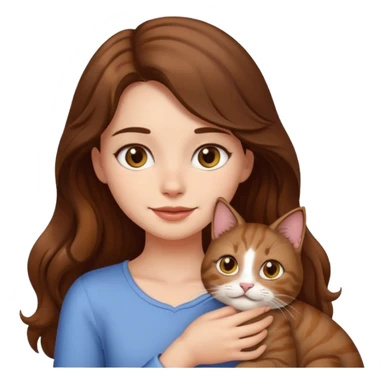 a girl with long wavy brown hair and brown eyes petting a cat, emoji style sticker