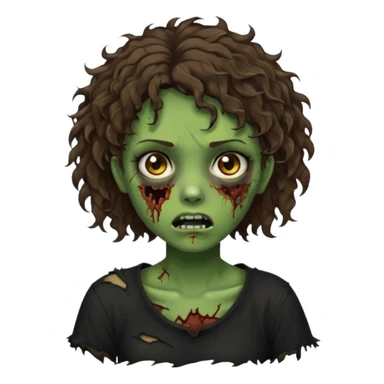 Zombie girl emoji verde com cabelo curto cacheado castanho no ombro com uma blusa preta sticker