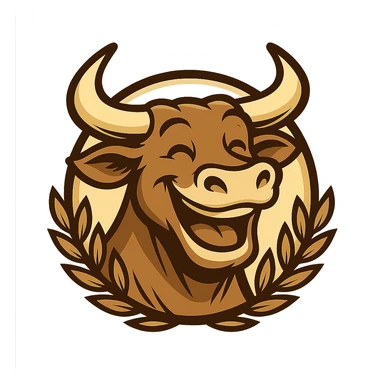 Create a friendly mascot of a laughing bull inspired by the reference image. The bull should have a broad smile, no text, and be in a modern, clear style. Remove the background completely. sticker