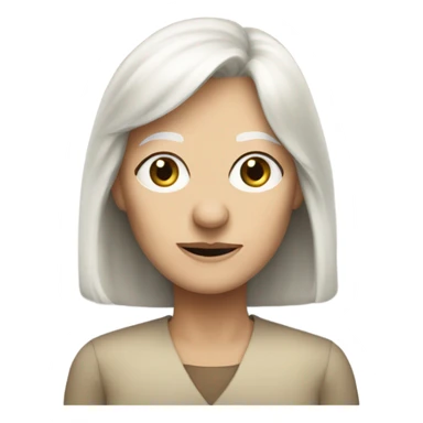 Aged crone woman, shoulder length blonde hair with bangs, blue eyes with wisdom sticker