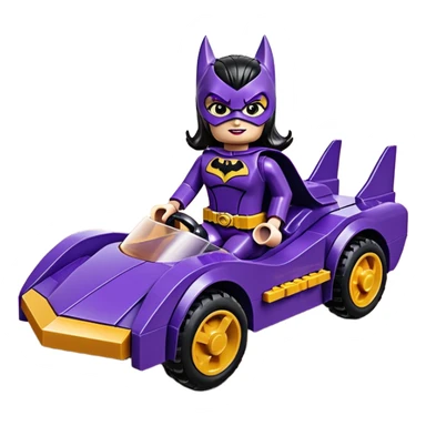 Hot full size real-appearance racing action BatGirl’s Lego feminine midnight-purple tight outfit sixty’s tv show 1992 stealth retro cat burglar sporty petite off-road pursuit hovering hover cruiser car rose gold accents (black hair,reclined and relaxed seating position and attitude) desert sticker