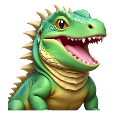 Cinematic Cute Yawning Iguana Portrait Emoji, Head tilted slightly with a dramatic, wide-open yawn, showcasing a sturdy, scaled body with a softly drooping spiky crest and sleepy, half-closed eyes, Simplified yet irresistibly adorable features, highly detailed, glowing with a soft, cozy jungle glow, high shine, relaxed yet expressive, stylized with a dash of whimsical charm, soft glowing outline, capturing the essence of a drowsy yet affectionate iguana that appears ready to stretch out for a nap! sticker