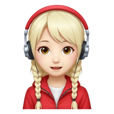 Cute kawaii emoji-style Japanese K-pop singer girl, long platinum blonde hair in twin tails, red outfit, headset mic on cheek, Japanese K-pop idol vibes, big sparkling eyes, chibi proportions, clean lineart, pastel colors, cheerful idol smile, sticker/emoji style, transparent background sticker
