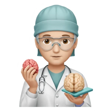 neurosurgeon wearing surgical cap and mask holding brain model sticker