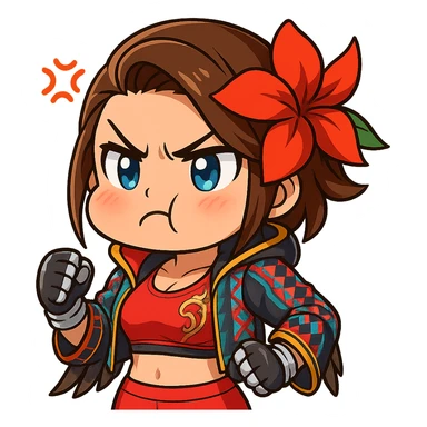 Azucena from Tekken 8 in chibi sticker style, angry with puffed cheeks, standard Twitch emote, wearing her detailed red and patterned outfit as shown in the reference images. sticker