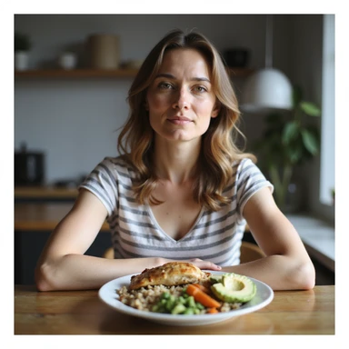Woman with healthy appearance, sitting at a table with a balanced plate: chicken, brown rice, vegetables, and avocado, bright atmosphere, hyperrealistic 4K details, home environment. Variant 4. sticker