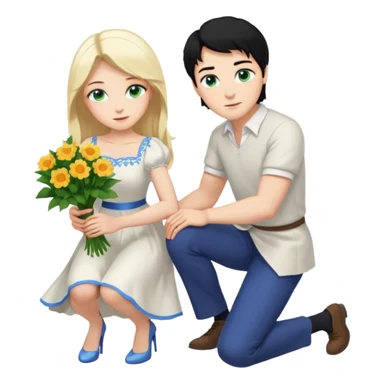 King, man, black Hair, blue eyes, whole body, Woman, bending knees, blonde, green eyes, White Dress, sticker