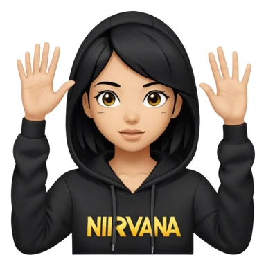 una chica cabello negro con una sudadera negra saludando y con el logo de nirvana en el pecho sticker